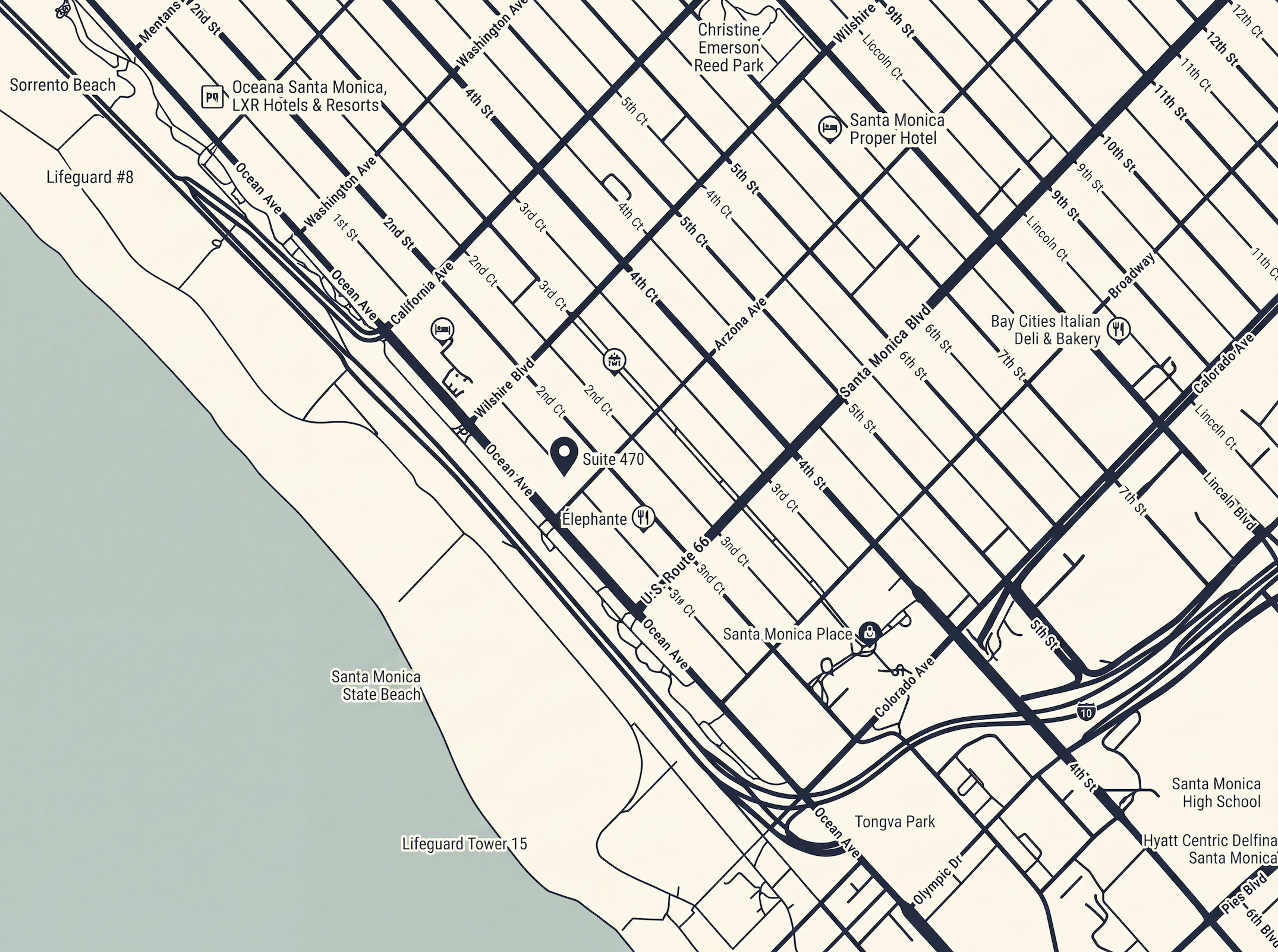 Map of Santa Monica showing our office at 1299 Ocean Ave, Suite 470