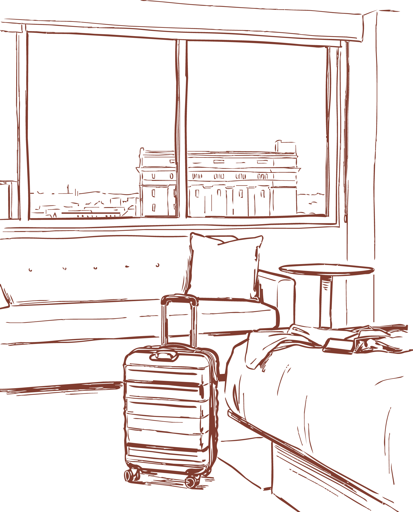 Line sketch of a hotel guest room with a suitcase